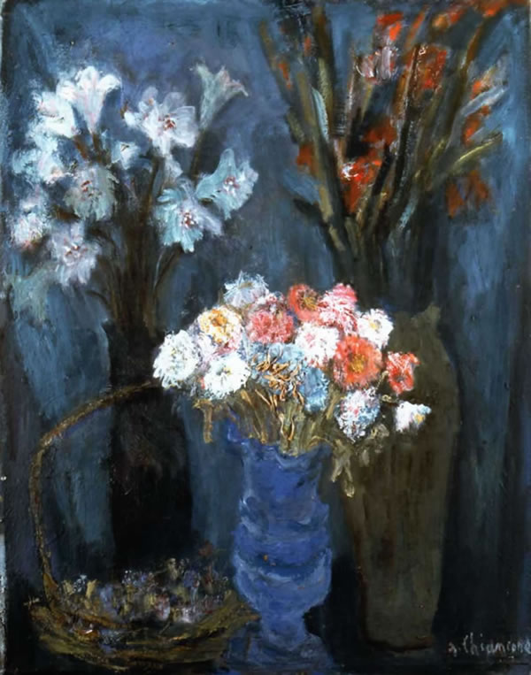 Fiori e cestino su fondo blu, sd 1940-45, olio su tela, Bologna, collezione privata
